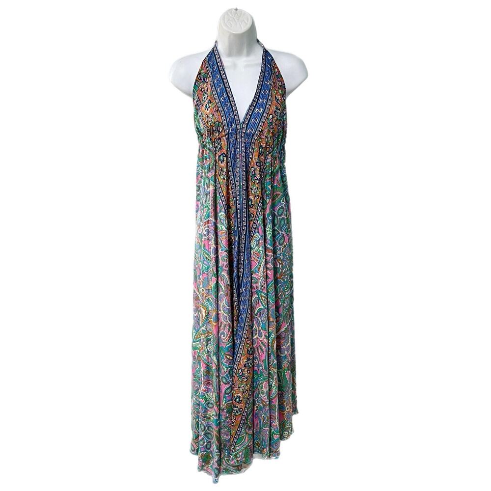 Bigg Bull by Cam Women S/M Silk Blend Paisley Floral Maxi Dress Open Back Boho